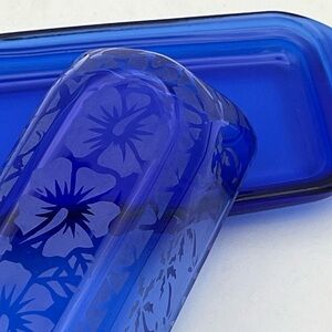 Blue Hawaii Floral Cobalt Glass Butter Dish